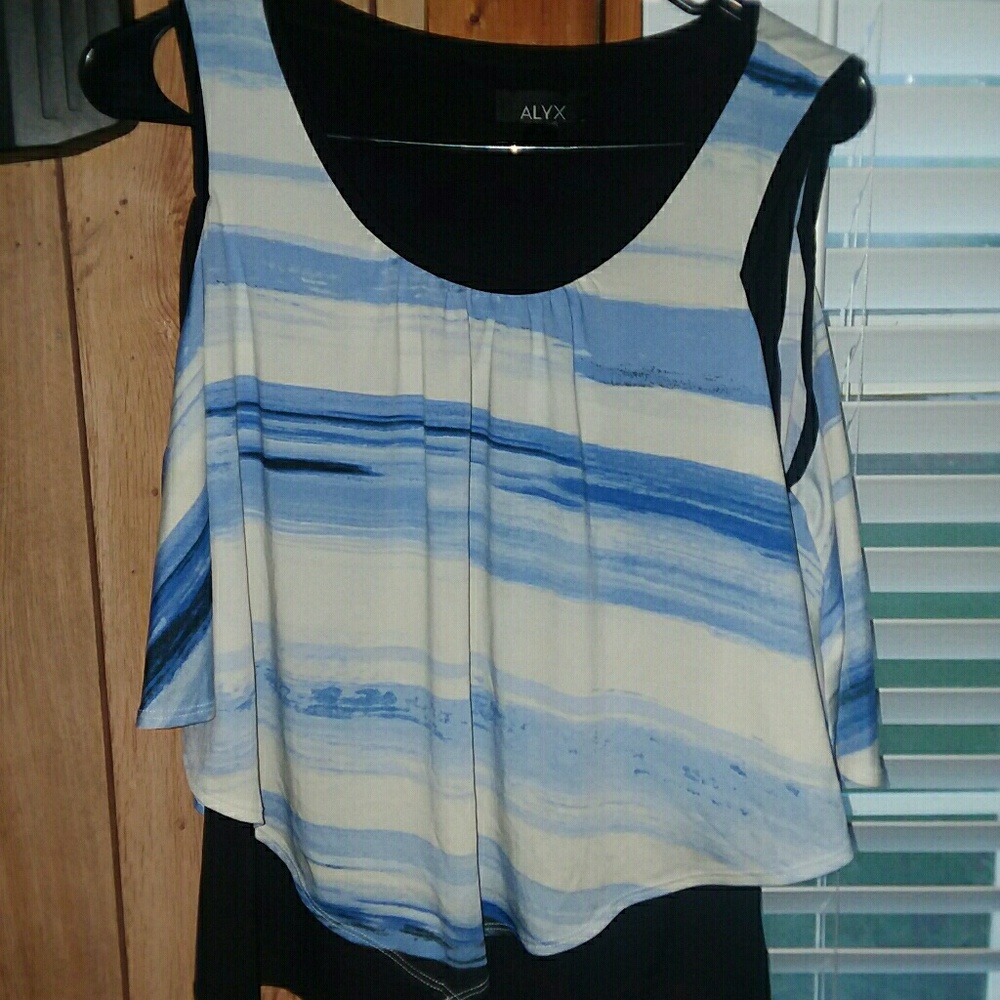 Black smooth tank top with blue striped overlay